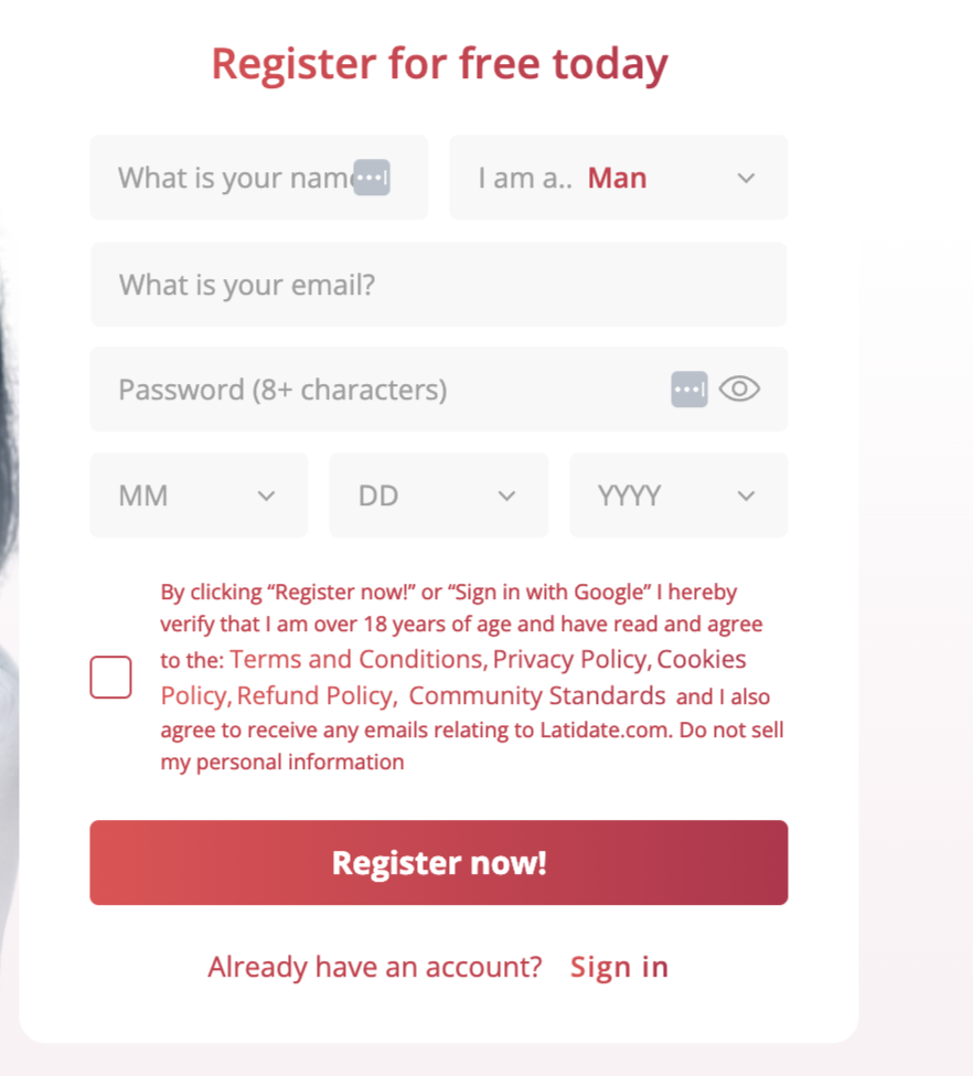 Registration process on LatiDate
