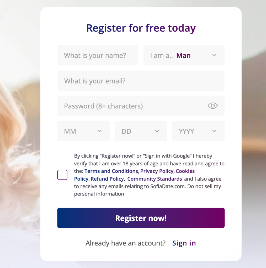 registration process on SofiaDate